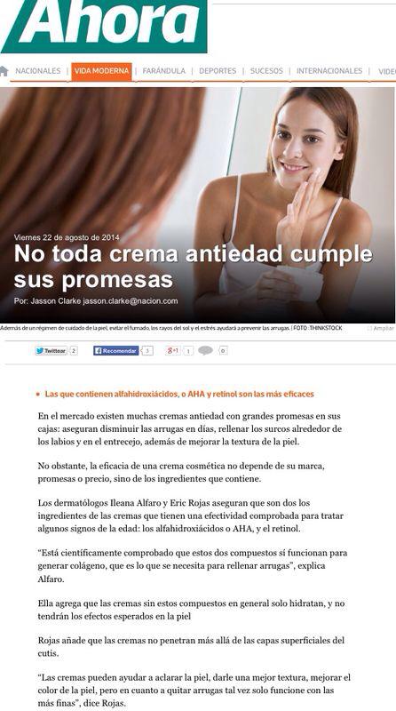Reportaje en periódico Ahora sobre cremas