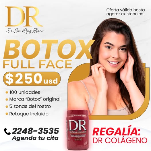 Botox full face con regalía de Dr. Colágeno hasta agotar existencias. ¿Qué esperas para verte con un rostro más fresco y tener el mejor colágeno del mercado?